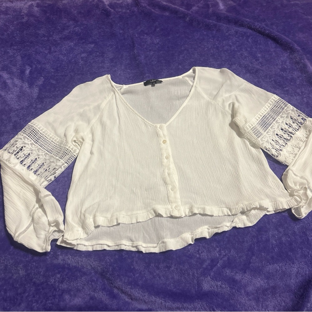 Lulu's Joanie Blouse Crochet Lace White Lace Top Buttoned Drapey Boho Size XL - Picture 2 of 11